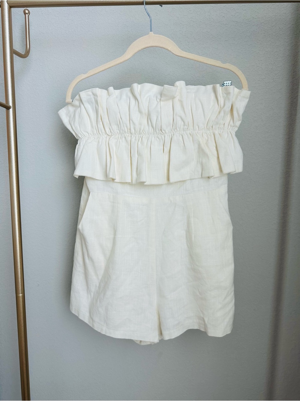 Princess Polly Cream Strapless Ruffle Romper